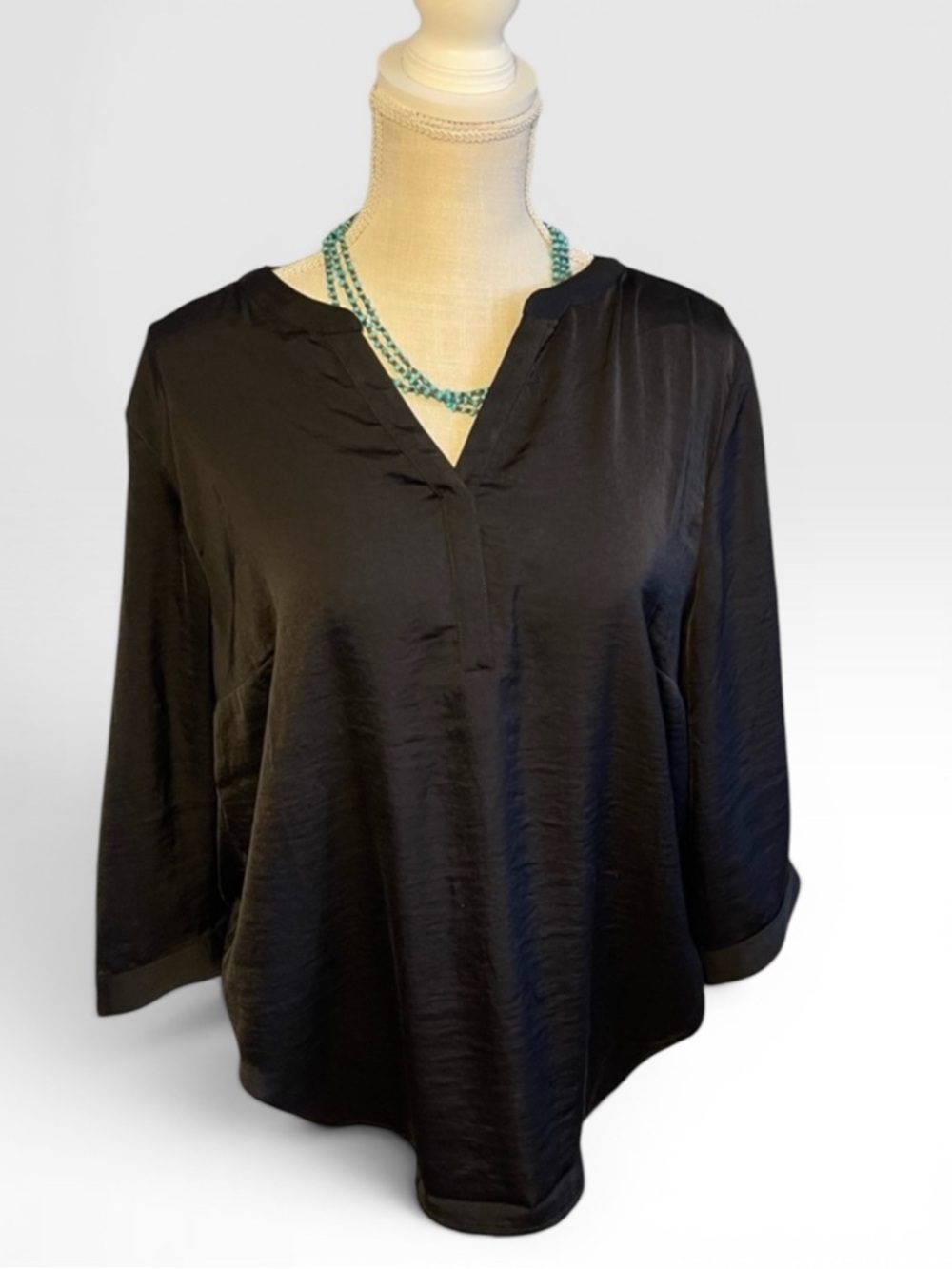 Chico's Split-Neck Silky Black Tunic Three Quarter Length Sleeve